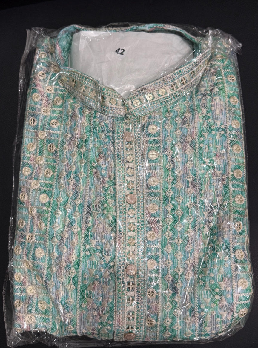 Elegant Men’s  green sequin kurta with white pant  premium buttons pyjama set perfect for weddings & Diwali parties size 36,38,40,42,44
