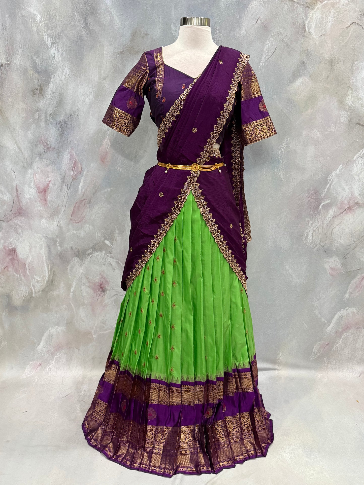 Customized traditional Gadwal half saree adorned with a stylish blouse and matching  cut work  dupatta size fits 36 to 42