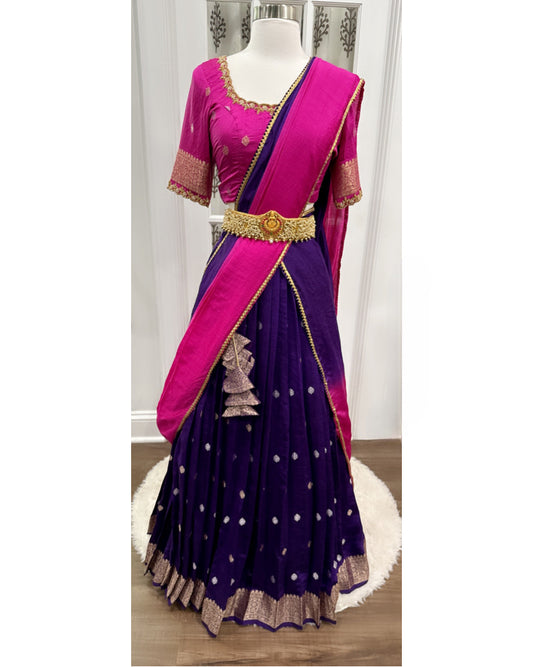 Beautifully Customized Pure Chinia silk half saree with dual shade Dupatta dyed. Size 38 to 41.