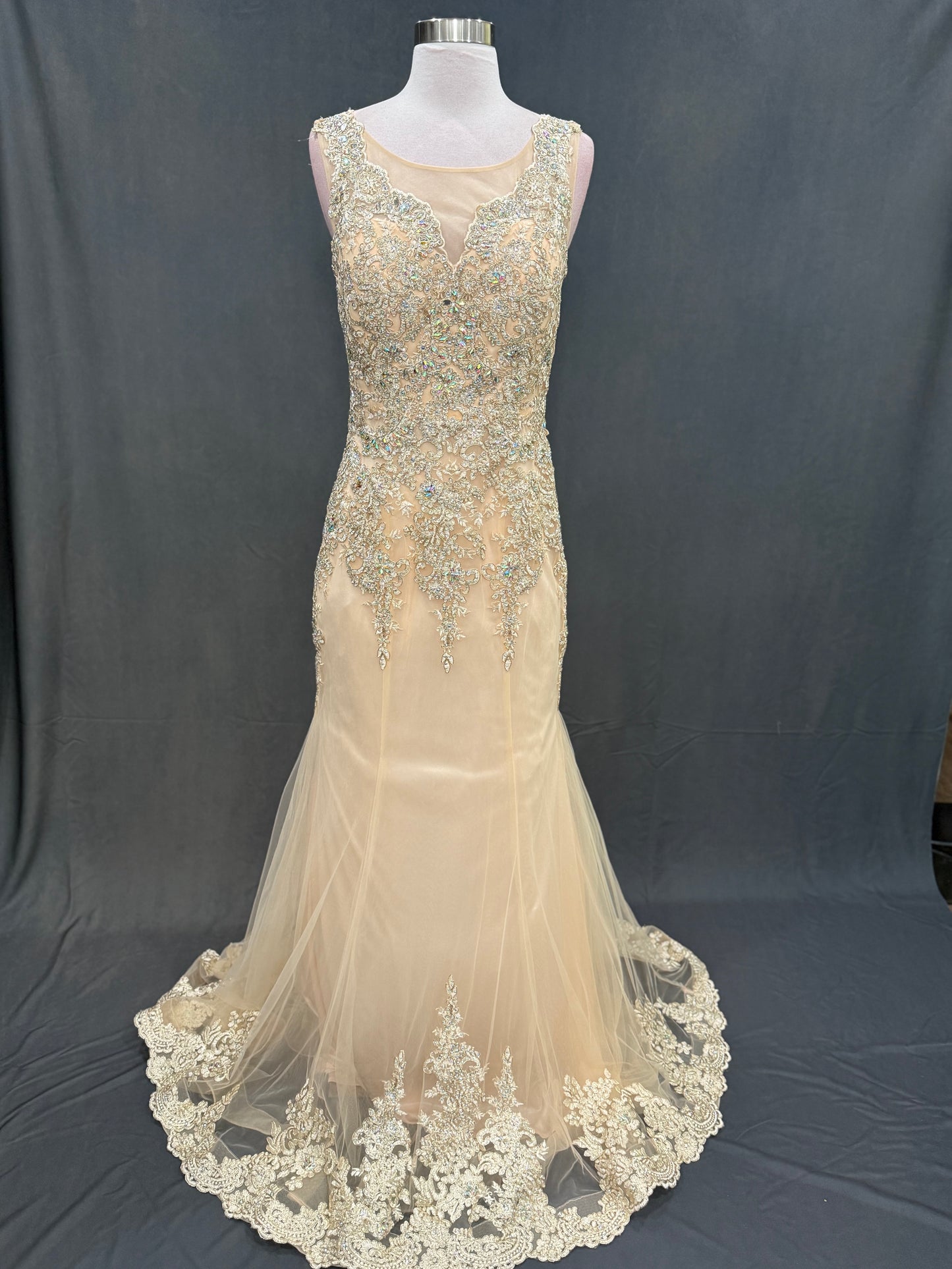 Beautiful Beaded and embroidery  Evening fish cut style gown with trail on the backside 32