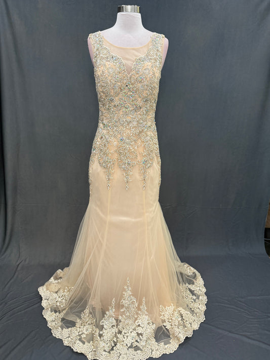 Beautiful Beaded and embroidery  Evening fish cut style gown with trail on the backside 32