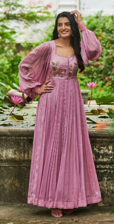 Chinon Charming Sugary Pink Long Gown with hand work Floral Hand Embroidery - Size Medium (38) - Length 55 inches