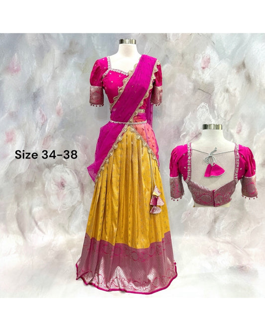 Beautiful Customized Banarasi silk half sarees in yellow and magenta pink hues Maggam work blouses and bead embellishments size 34 to 38