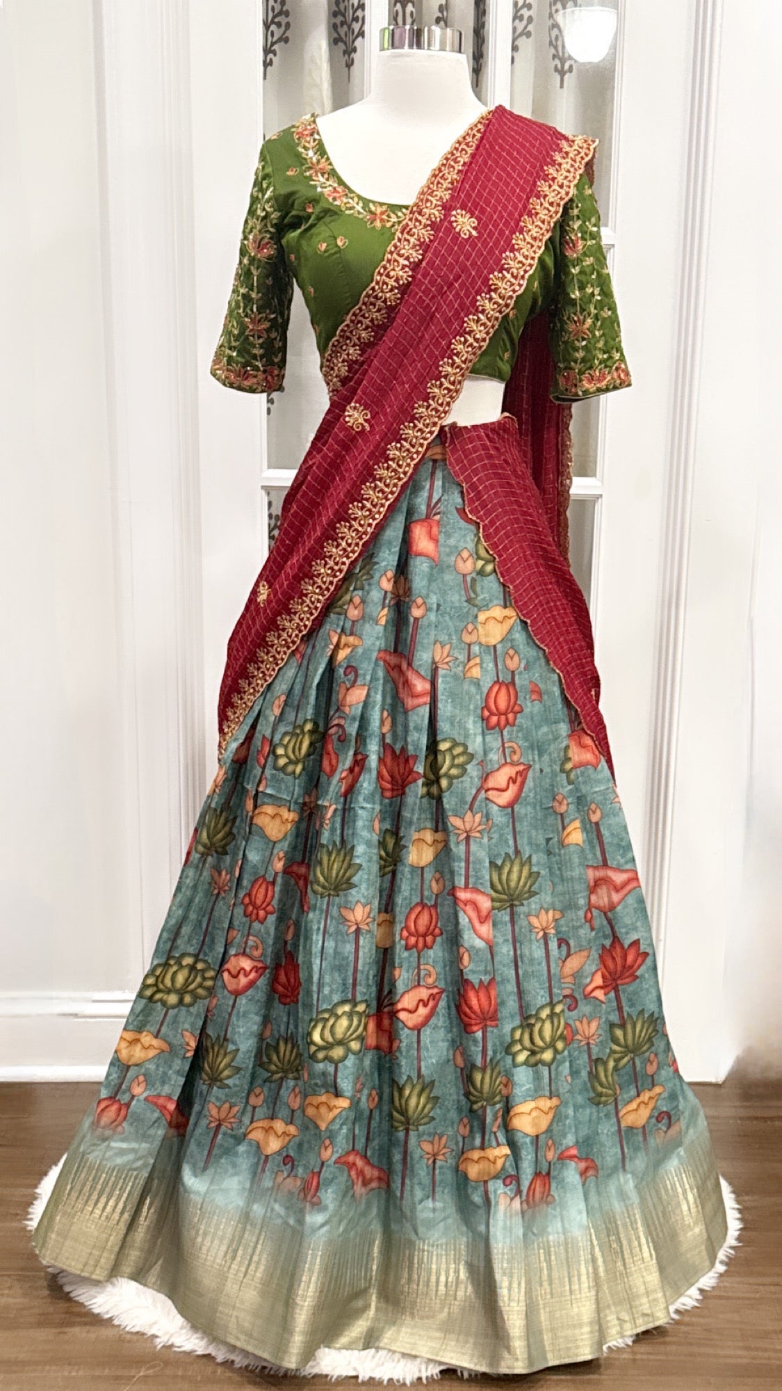 Gorgeous Kalamkari Half Saree / Langa Voni with heavy Maggam work blouse