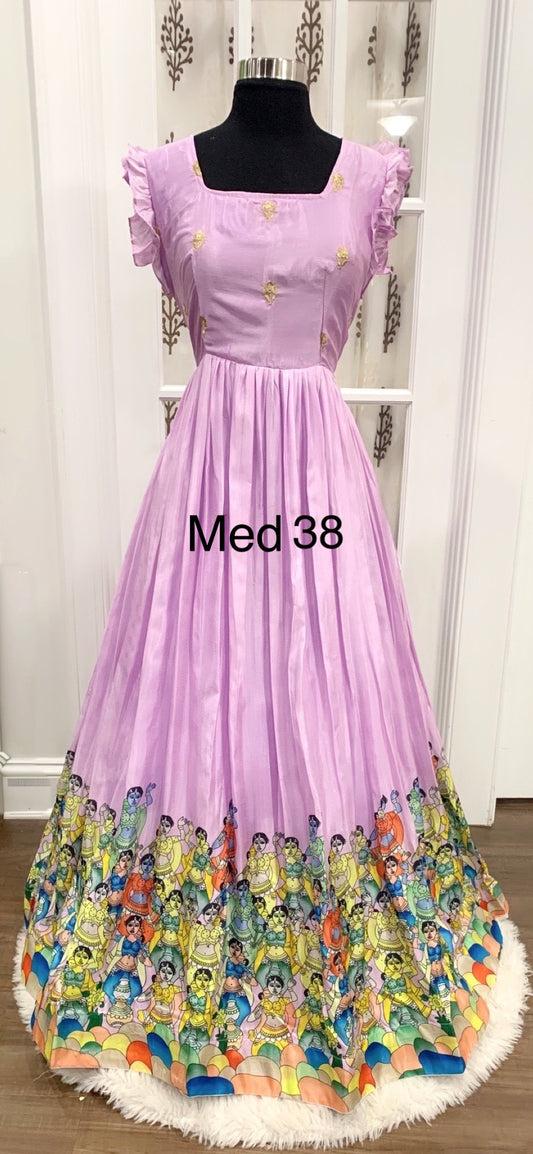 Lavender color Dola silk Kalamkari long gown Med 38 length 55