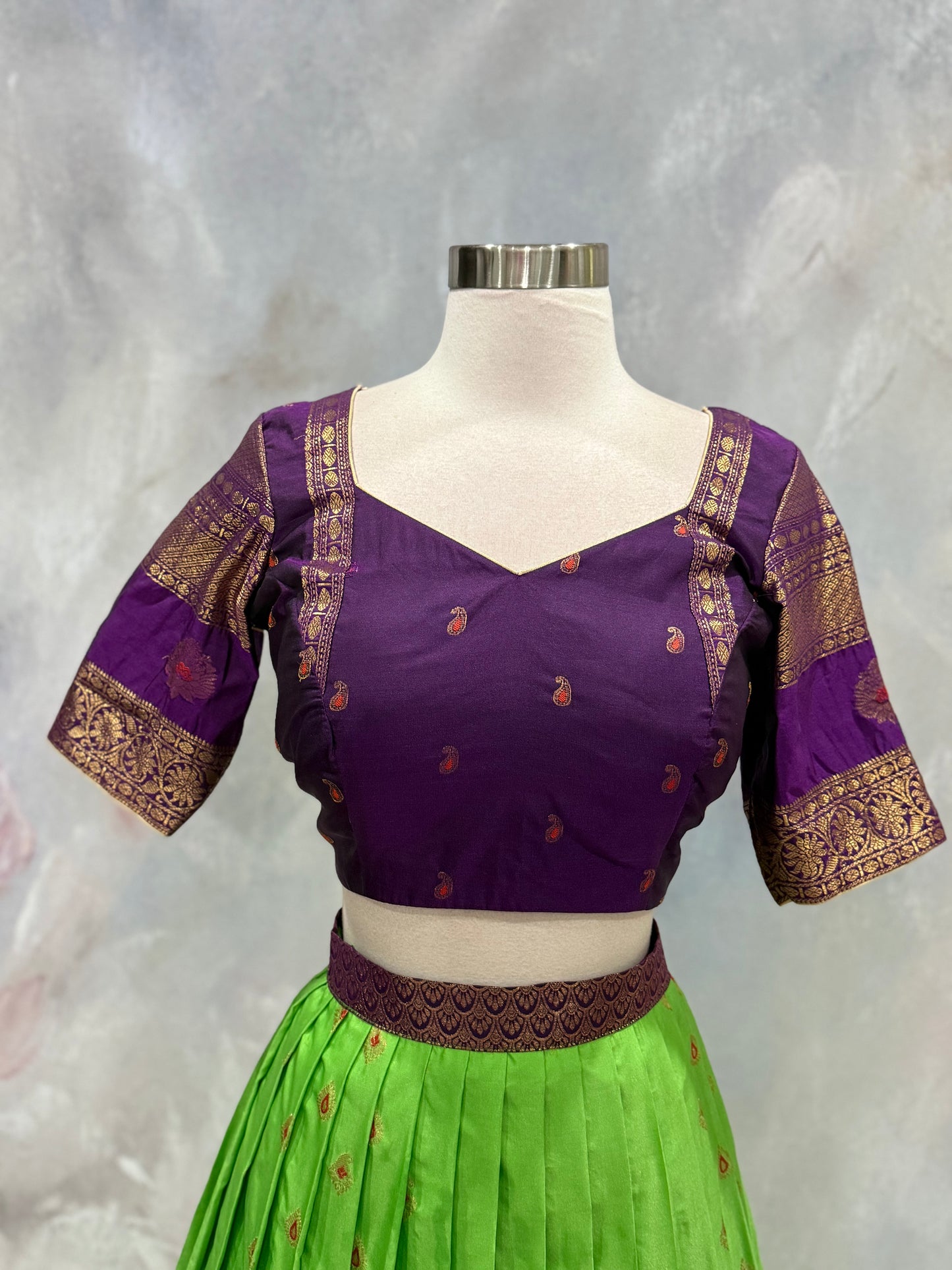Customized traditional Gadwal half saree adorned with a stylish blouse and matching  cut work  dupatta size fits 36 to 42
