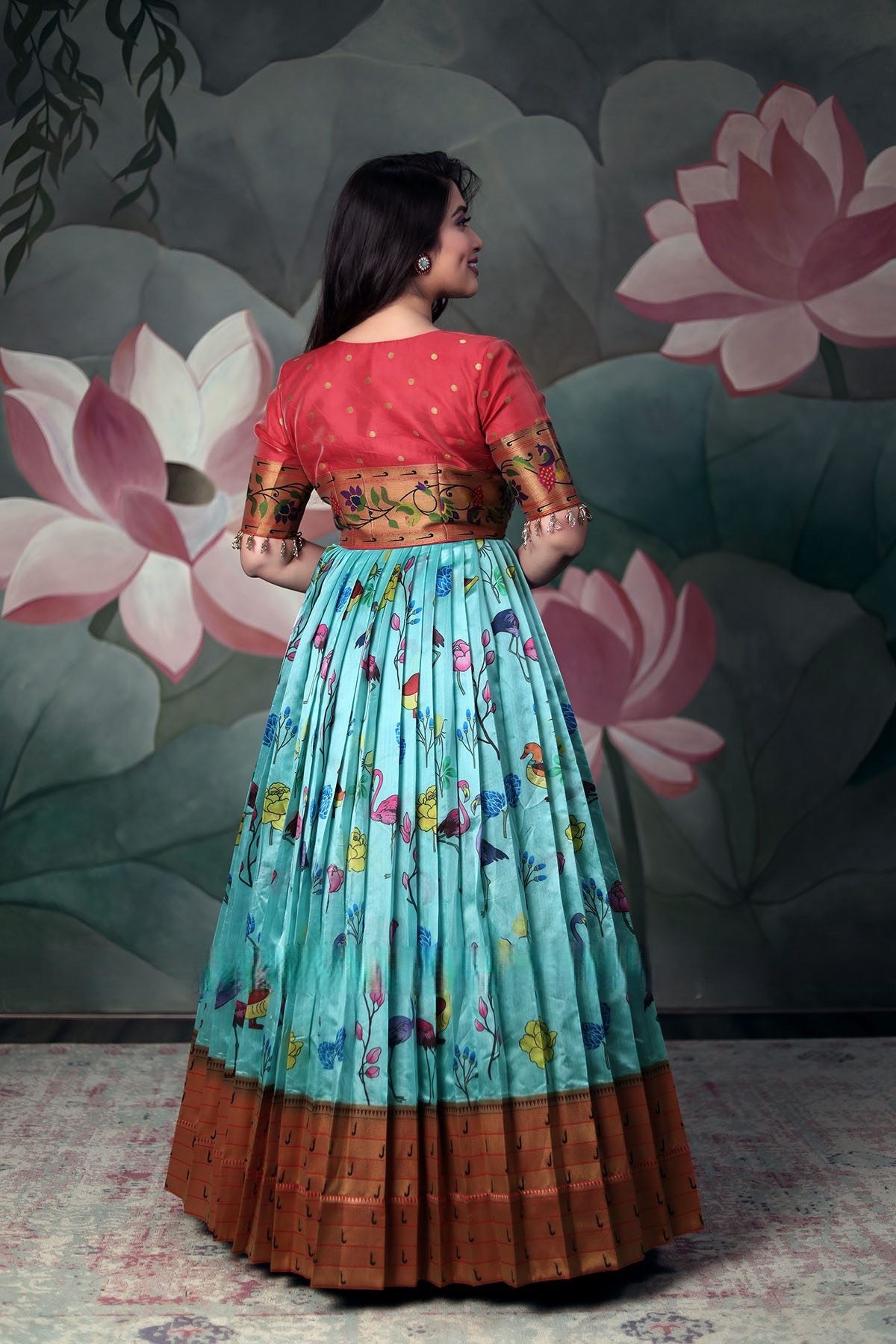 Pethani Kalamkari Banarsi Dress with Pethani Peacock Motif Zari Jacket, featuring glass bead lace and hand embroidery