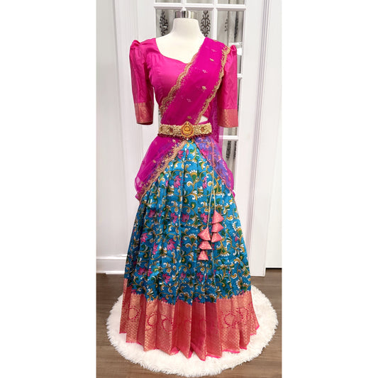 Beautiful kalamkari half saree with Pattu border. Pink and blue combo. Fits size 40 to 44