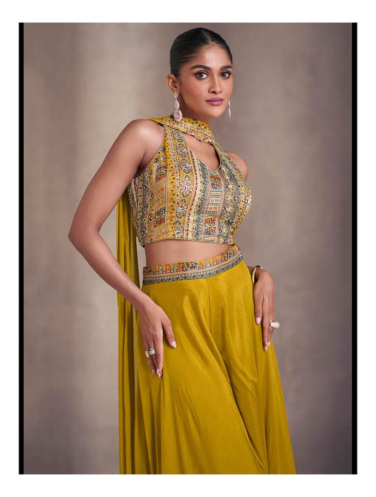 Chic and stylish Chinon Silk Indowestern CROPTTOP with Palazoo pants chinon silk mustard color Sequins Embroidery Wedding Wear partywear dress