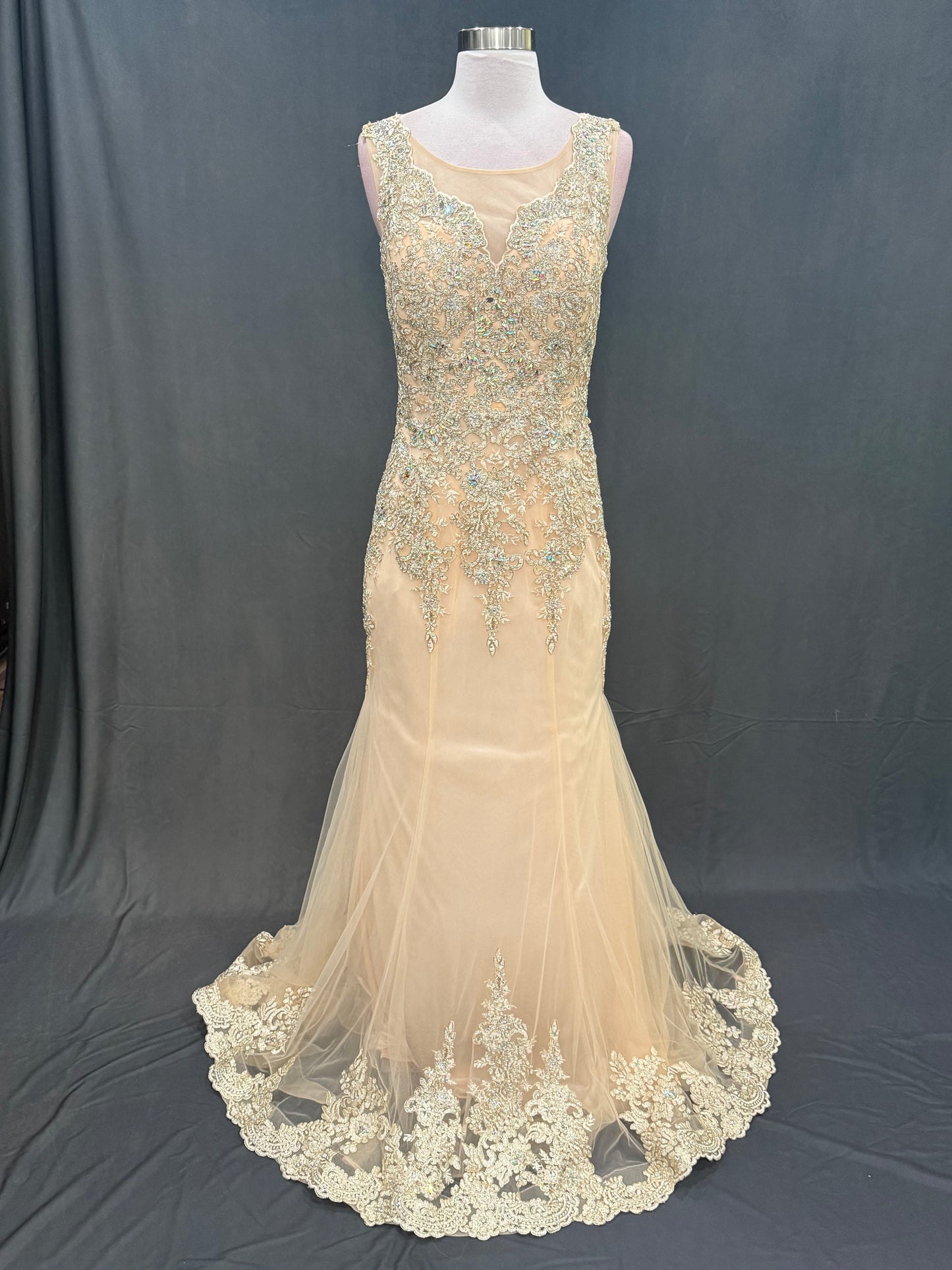Beautiful Beaded and embroidery  Evening fish cut style gown with trail on the backside 32