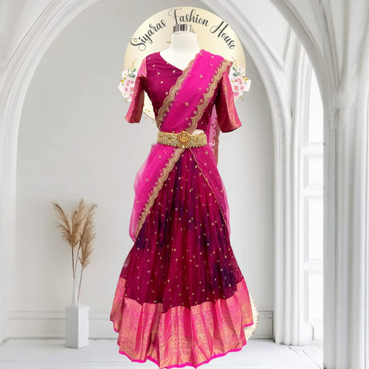 Beautiful organza half saree with pattu border in butti design elegant Dupatta for Wedding | Size 38 | teens Lehanga| Grand Party Wear