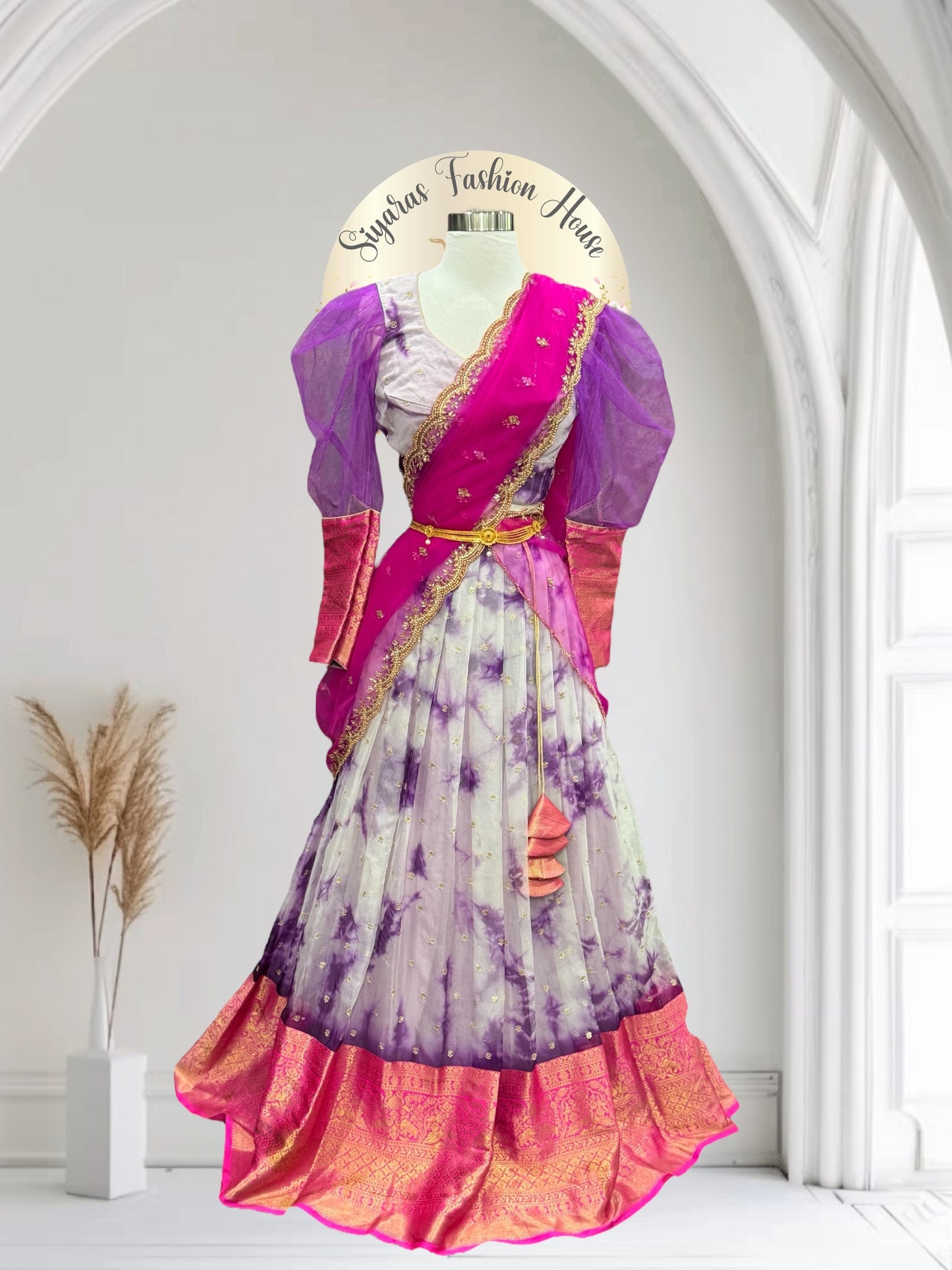 Beautiful customized Organza half saree with Pattu border. Available in size 34