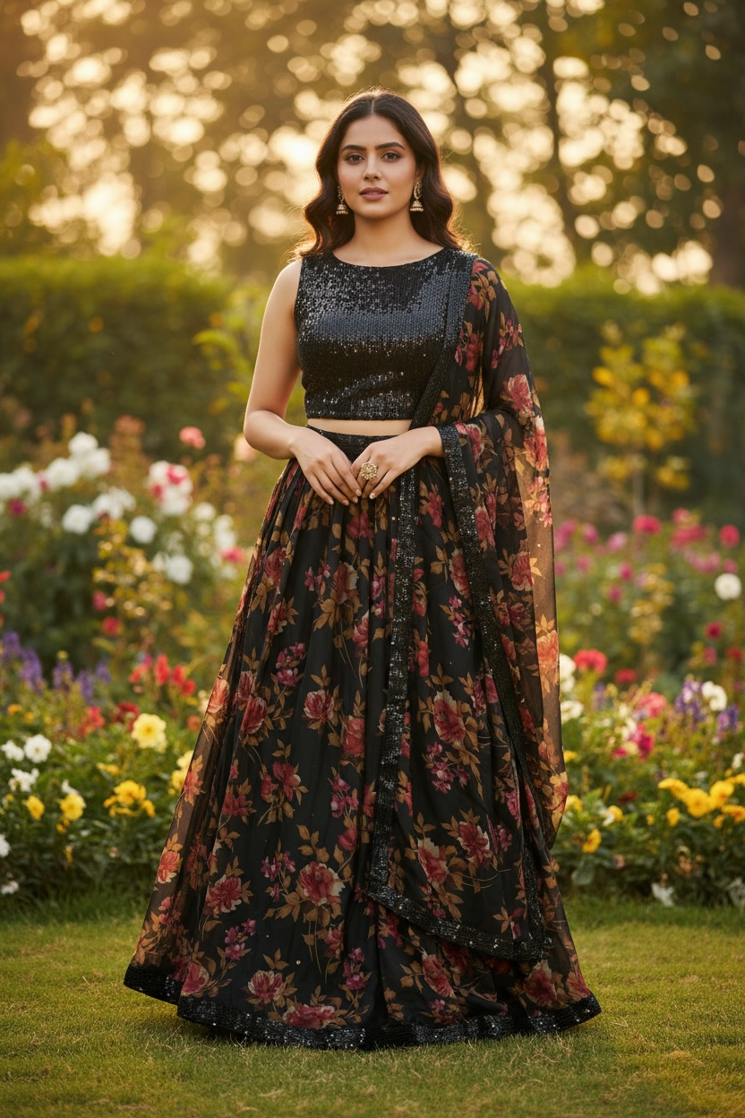 Elegant Sequence Partywear sequin floral  Lehenga Size 44 midnight bloom elegant reception cocktail size inclusive partywear Lehanga