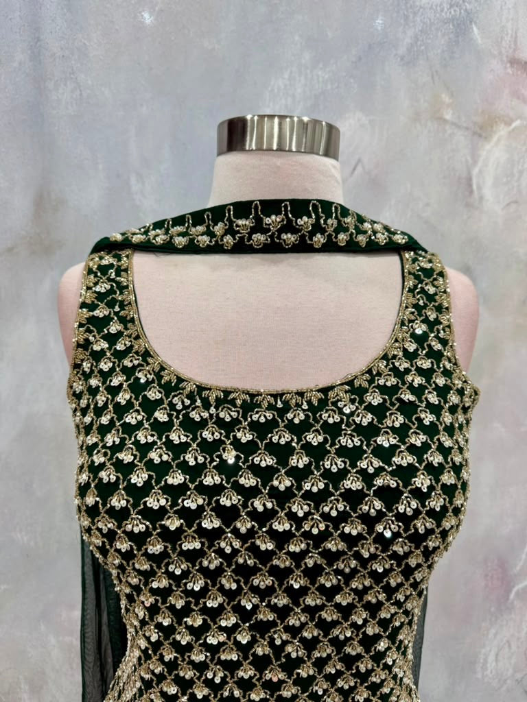 Green Georgette Partywear Sharara set with hand work with beads sequence and tube work Size 36/38 Partywear wedding Mehendi ready to ship US