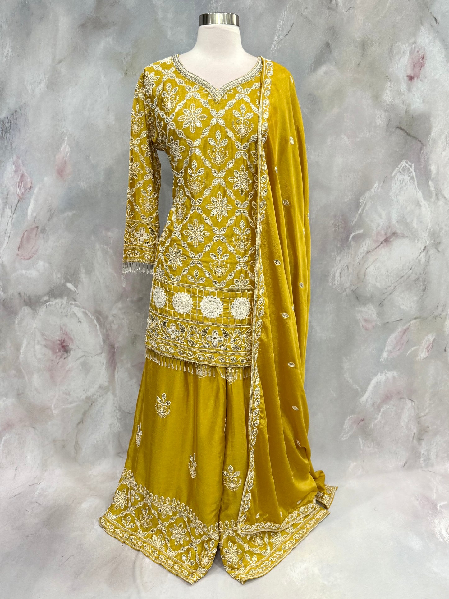 Beautiful yellow Haldi Sharara set with sequence work and bead embellishments size 44 wedding outfit chinon fabric