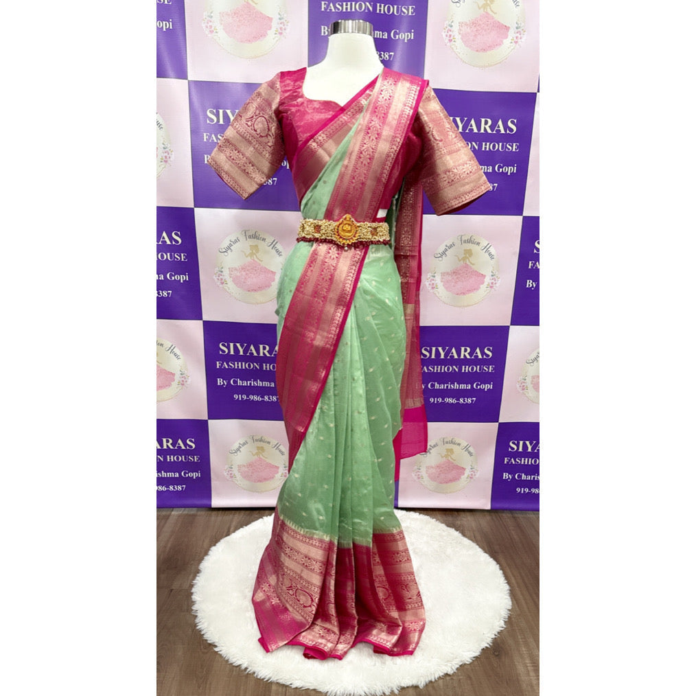 Pure Chanderi Silk Saree Stitched Blouse in Rani pink and pastel green color fits size 38 to 44