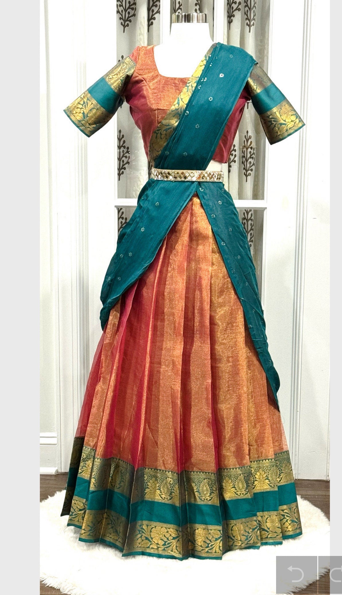 On sale  Half saree Peachish Pink tone tissue look and Shade of Teal Blue Organza Halfsaree for teens and adults