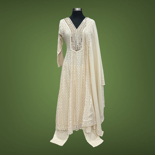 😍Beautiful offwhite Anarkali suit 3 piece set Mirror work in  Lace fabric with Hakoba border 😍