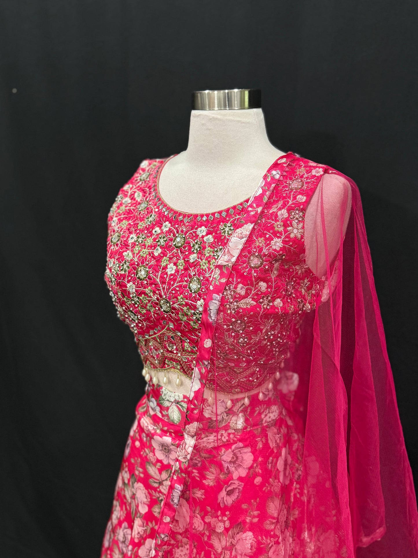 Beautiful  Floral Pink organza Lehanga embroidered mirror work blouse perfect for partywear. Available in size 40 fully stiched ready