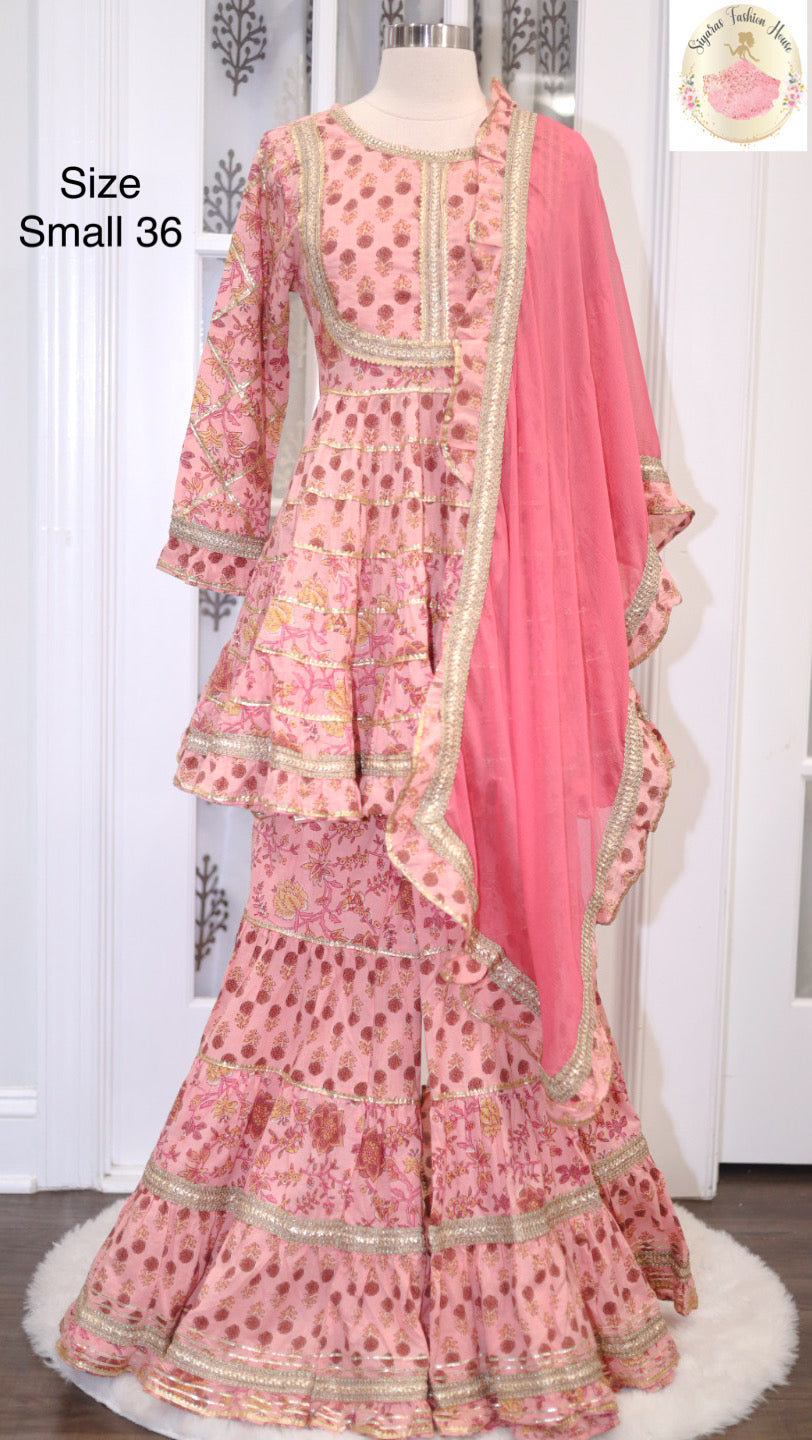 Beautiful Partywear Gotapatti 3 pc Sharara set peach Pink color size 36 small ready to ship