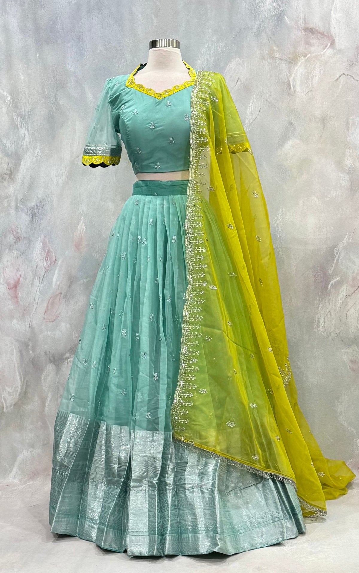 Beautiful organiza traditional half Saree ready to ship. Available in size 44 to 46