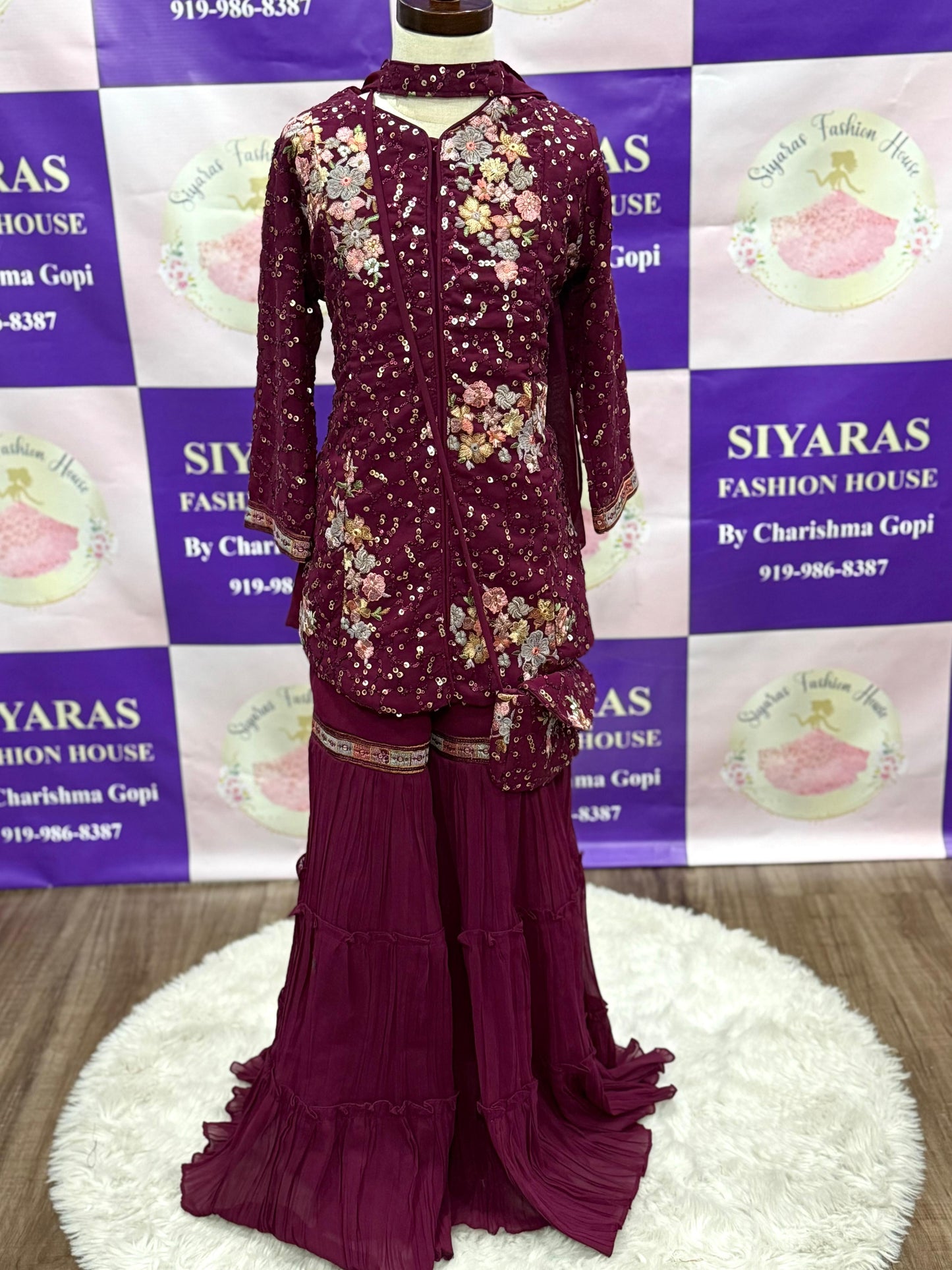 Rich maroon Sharara set with delicate floral sequin embroidery. Stylish long kurta with sequin details  Perfect fit for girls 6 to 8 yrs