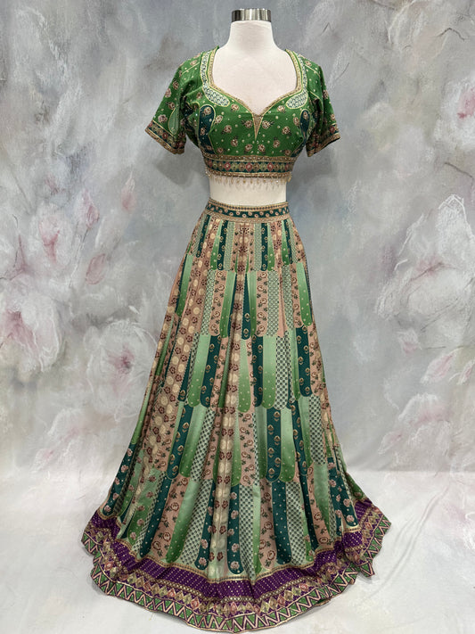 Gorgeous Silk Lehenga Choli Set in kali pattern – Mehendi & Wedding Partywear |  work  Blouse | Size 38 | Indian Ethnic Outfit
