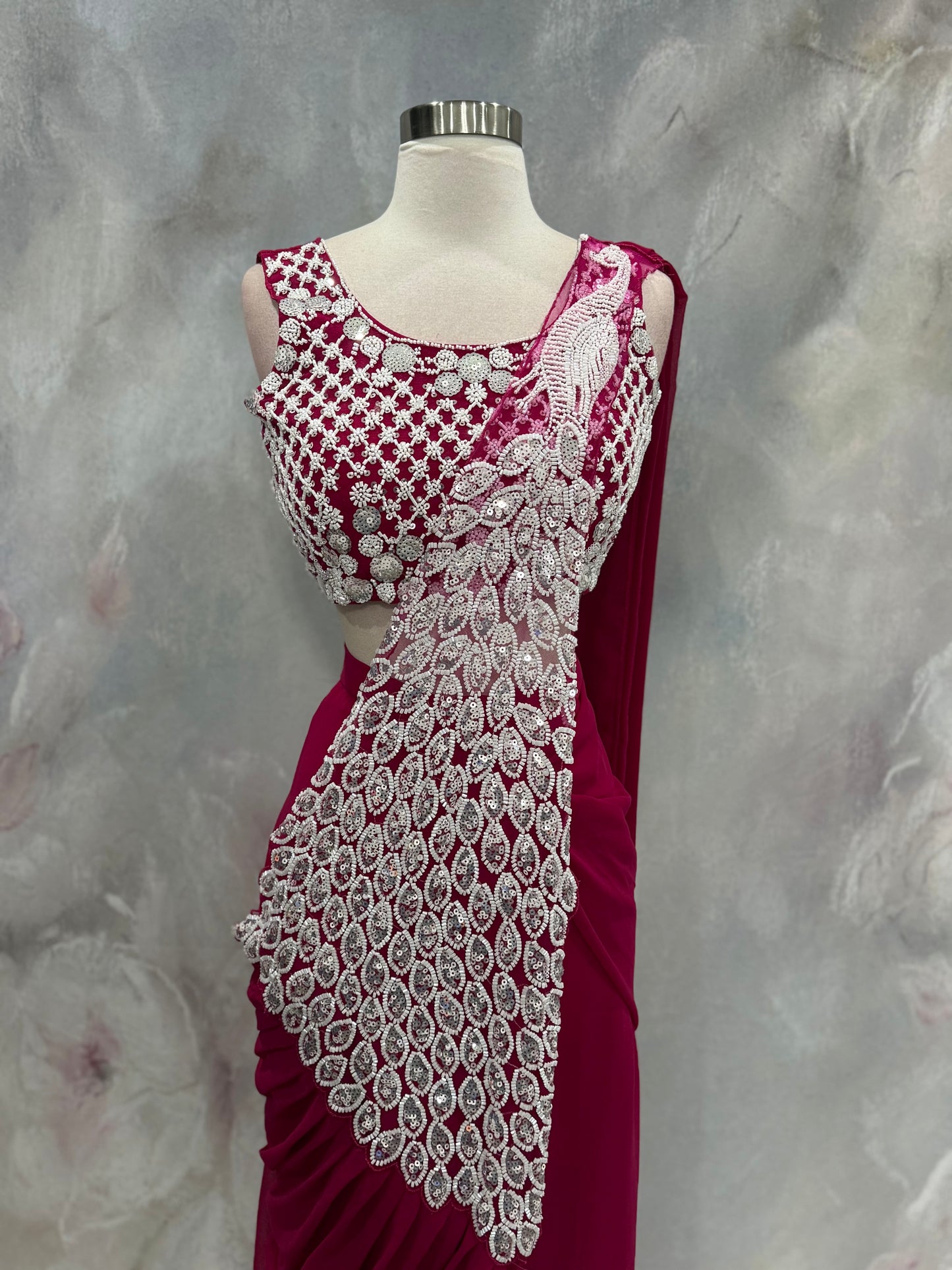 Elegant Pink Indowestern Drape style Lehanga with work top in Georgette fabric easy to wear wedding Partywear dress size 36