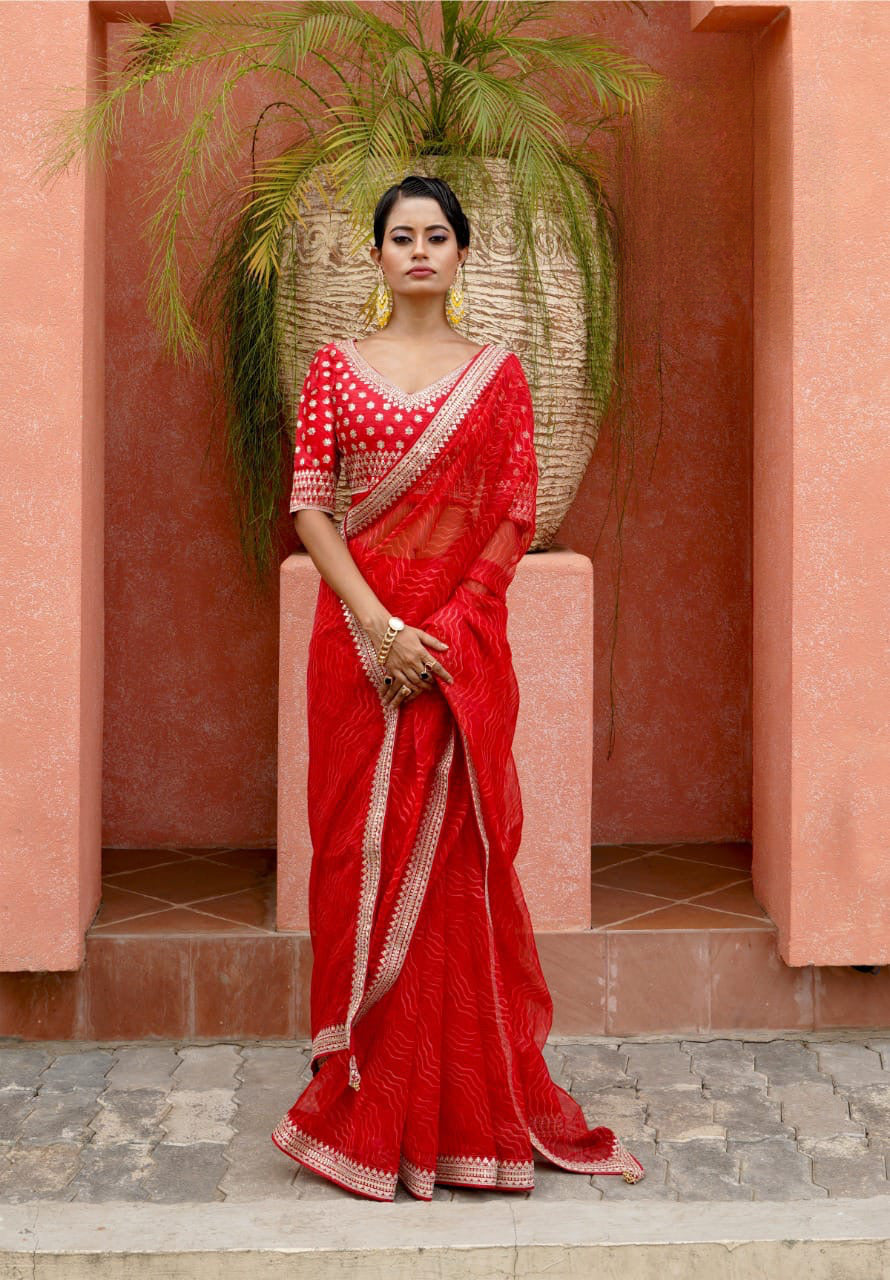 Beautiful Lehariya Organza Sarees with stitched Blouse standard size