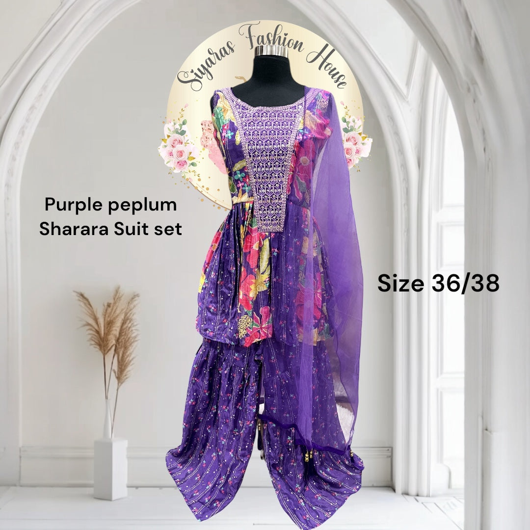 Purple Floral Print Peplum Sharara suit set in Chinon silk size 36/38.