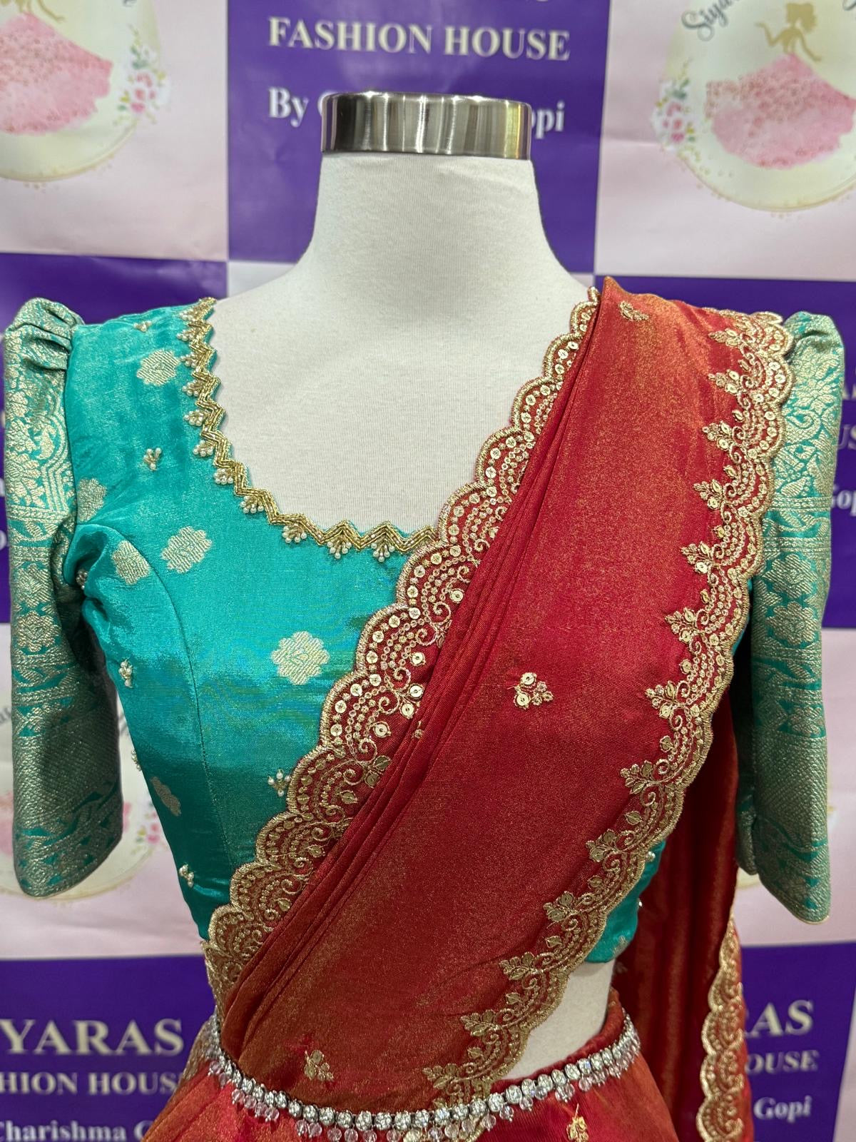 Gorgeous Customized Tissue Half Sarees with Maggam work/Hand work blouse for Teens/Adults. Available in size 34 to 38