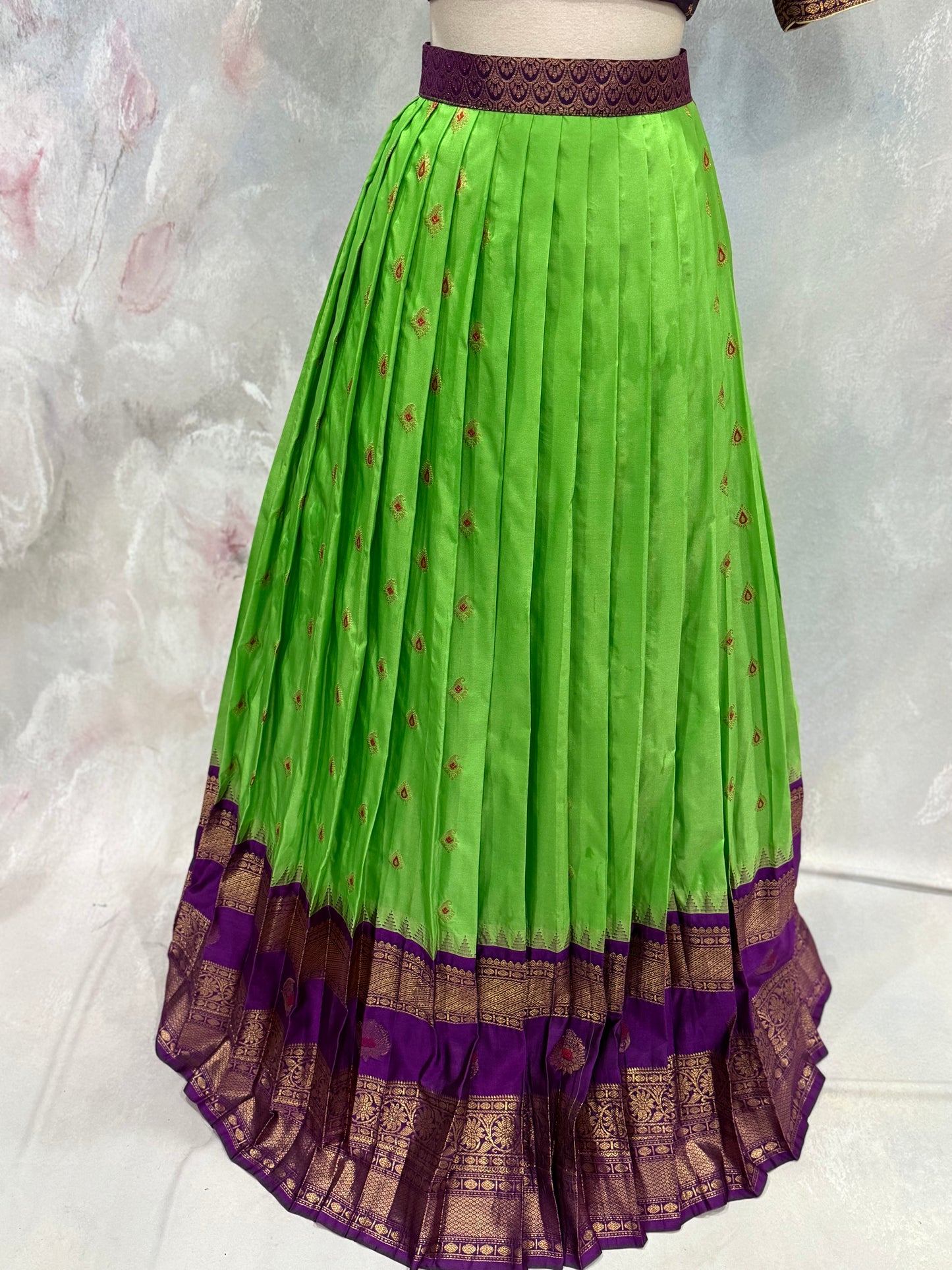 Customized traditional Gadwal half saree adorned with a stylish blouse and matching  cut work  dupatta size fits 36 to 42