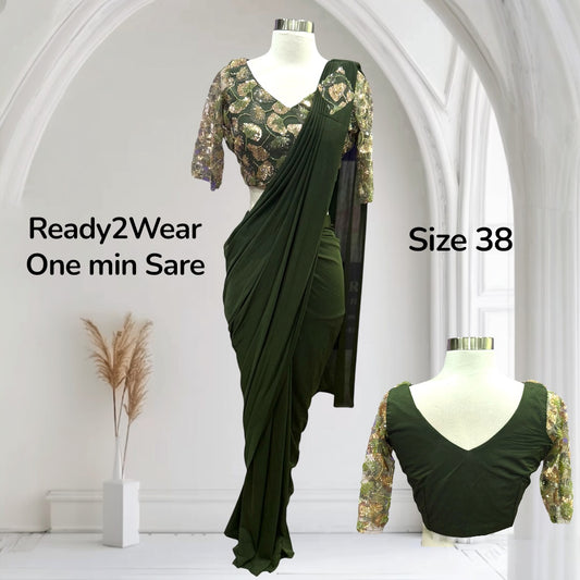 Rock this chic Indowestern Mahendi green Ready2Wear Saree in 
size 38
