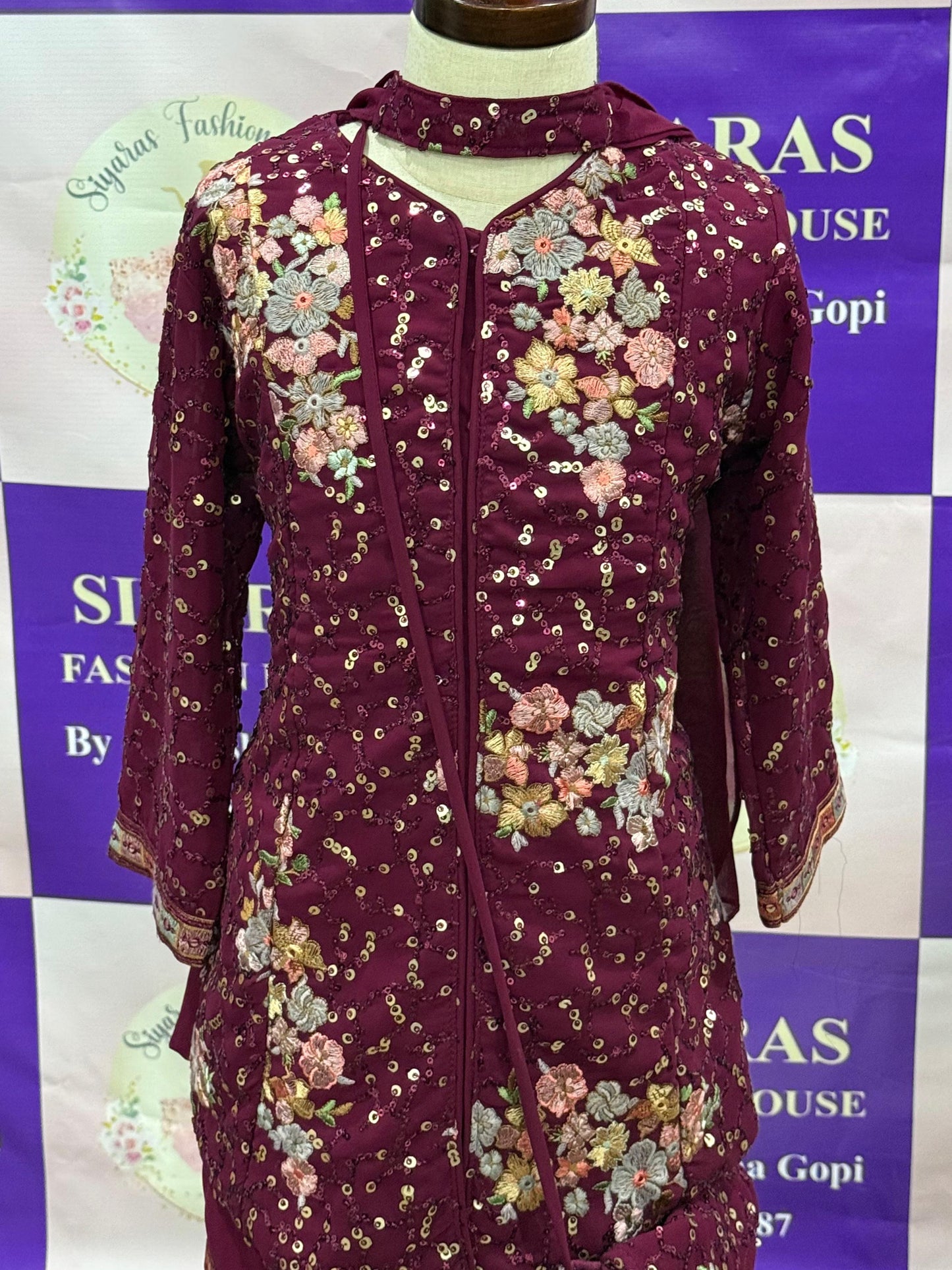 Rich maroon Sharara set with delicate floral sequin embroidery. Stylish long kurta with sequin details  Perfect fit for girls 6 to 8 yrs