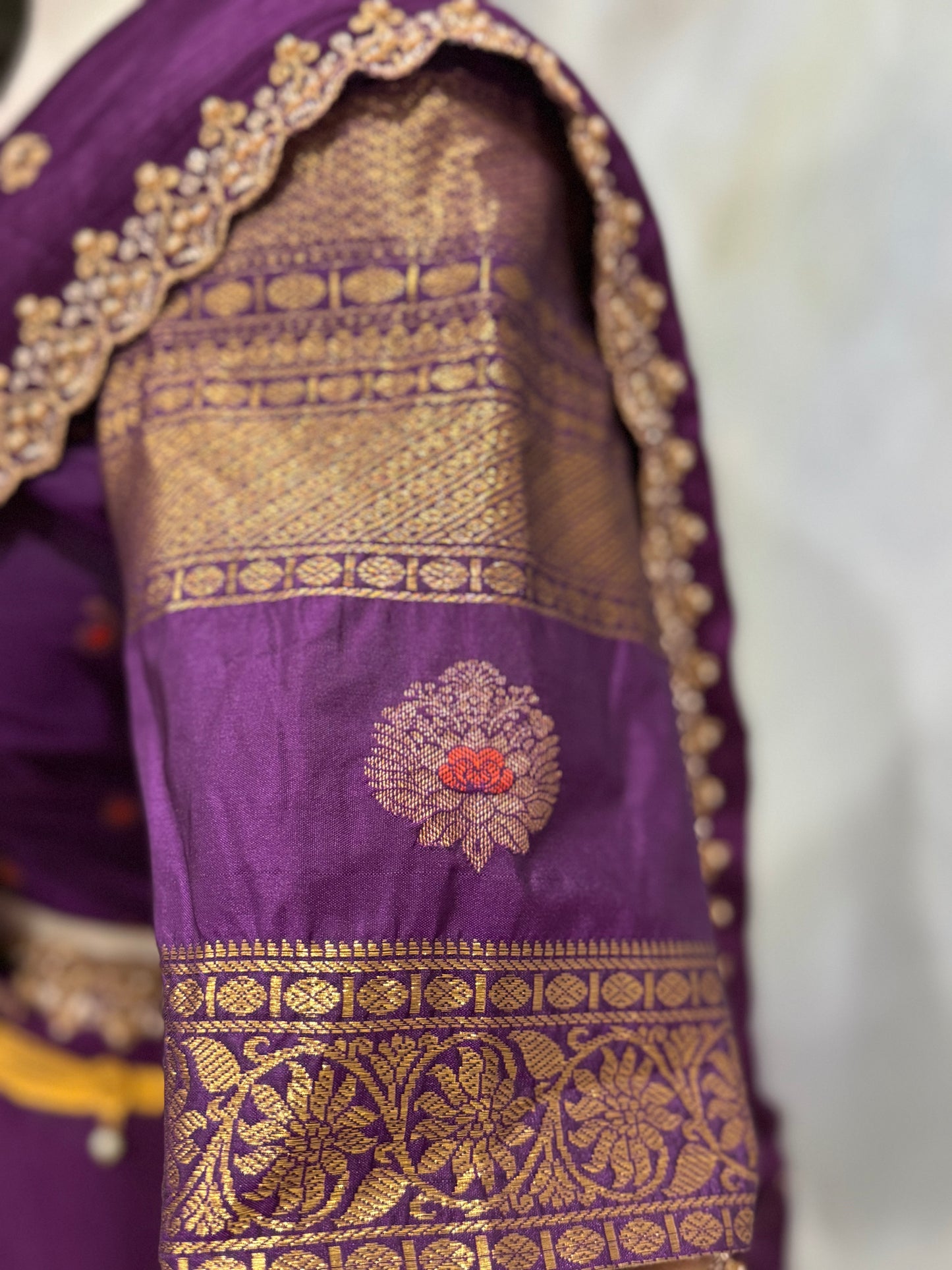 Customized traditional Gadwal half saree adorned with a stylish blouse and matching  cut work  dupatta size fits 36 to 42