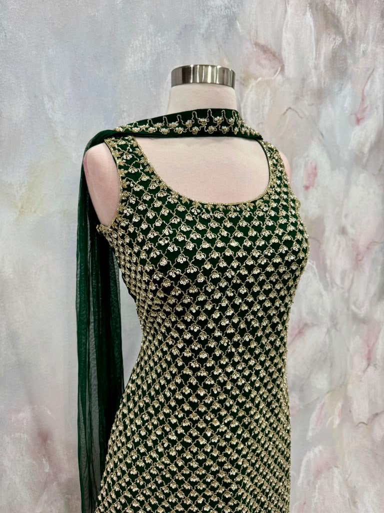 Green Georgette Partywear Sharara set with hand work with beads sequence and tube work Size 36/38 Partywear wedding Mehendi ready to ship US