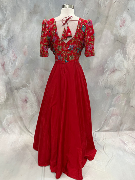 Customized crepe Partywear gown with Position print sequence work in yoke flowy gown size 42 length 55 in ready to ship USA