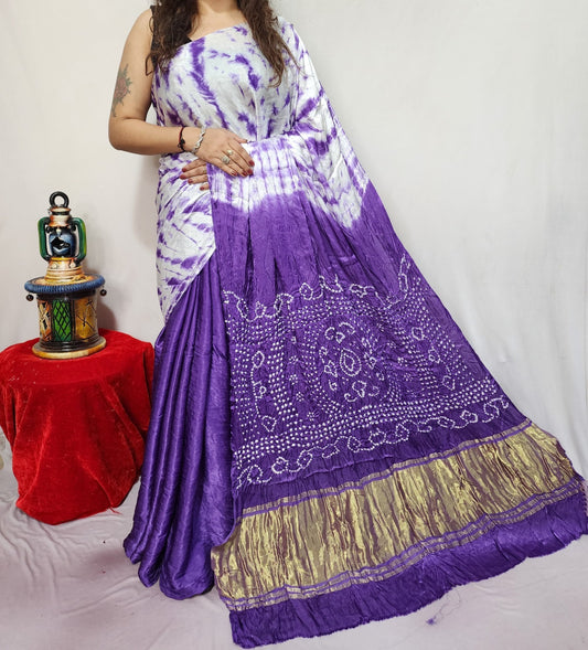 Purple Traditional Kanchi Chetah Work Modal Silk Saree - Barik Bandhej, Tissue Pallu, Organic Colors - Women's Silk Saree Size 40