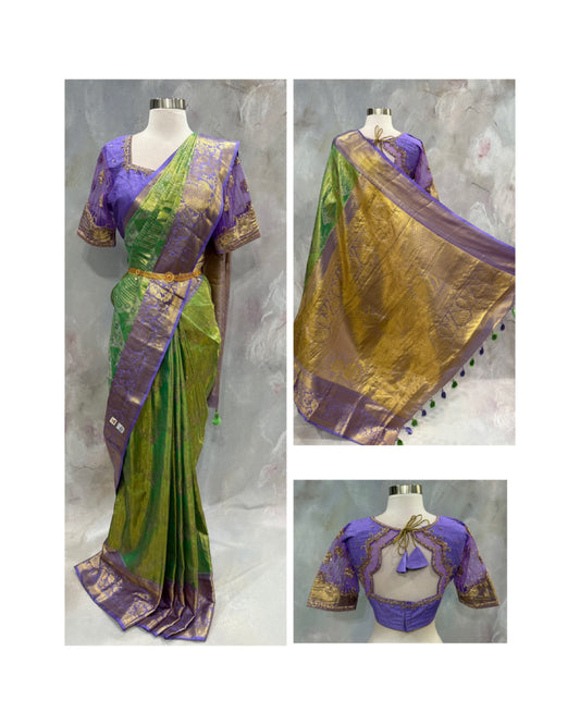 Gorgeous Wedding Pure Silk Mark Kanchi Pattu Saree with elegant designer Maggam work blouse with Net sleeves and back size 40 plus margin