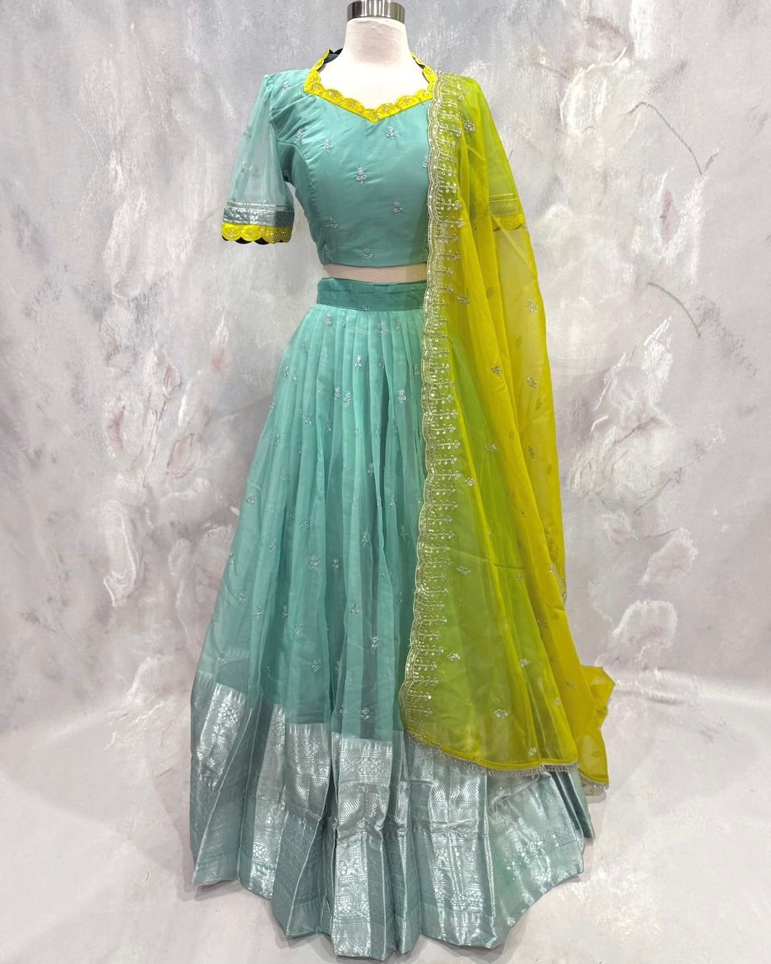 Beautiful organiza traditional half Saree ready to ship. Available in size 44 to 46