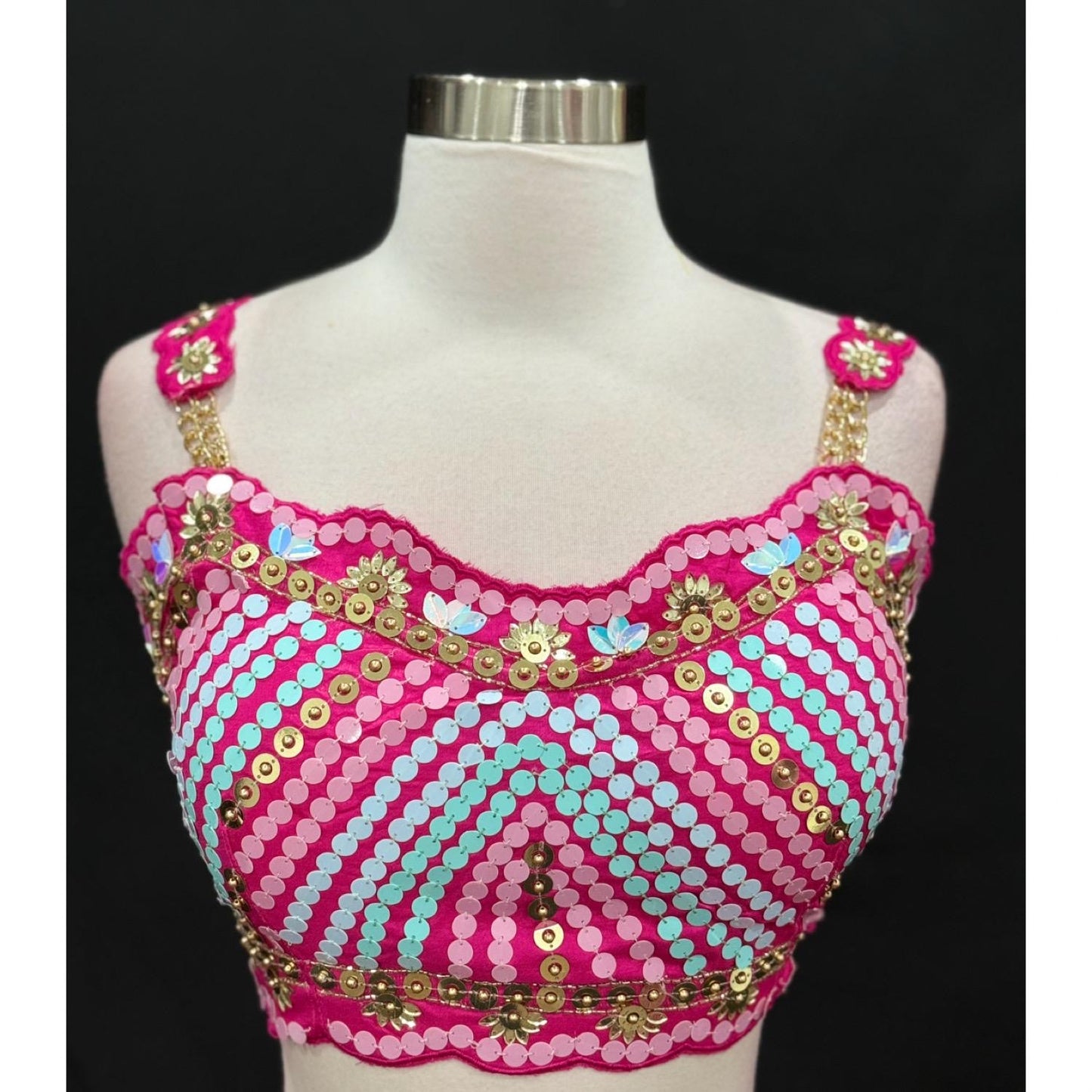 Hot Pink Mirror Work Crop Top Palazzo Set with Potli pocket. Available in size 38