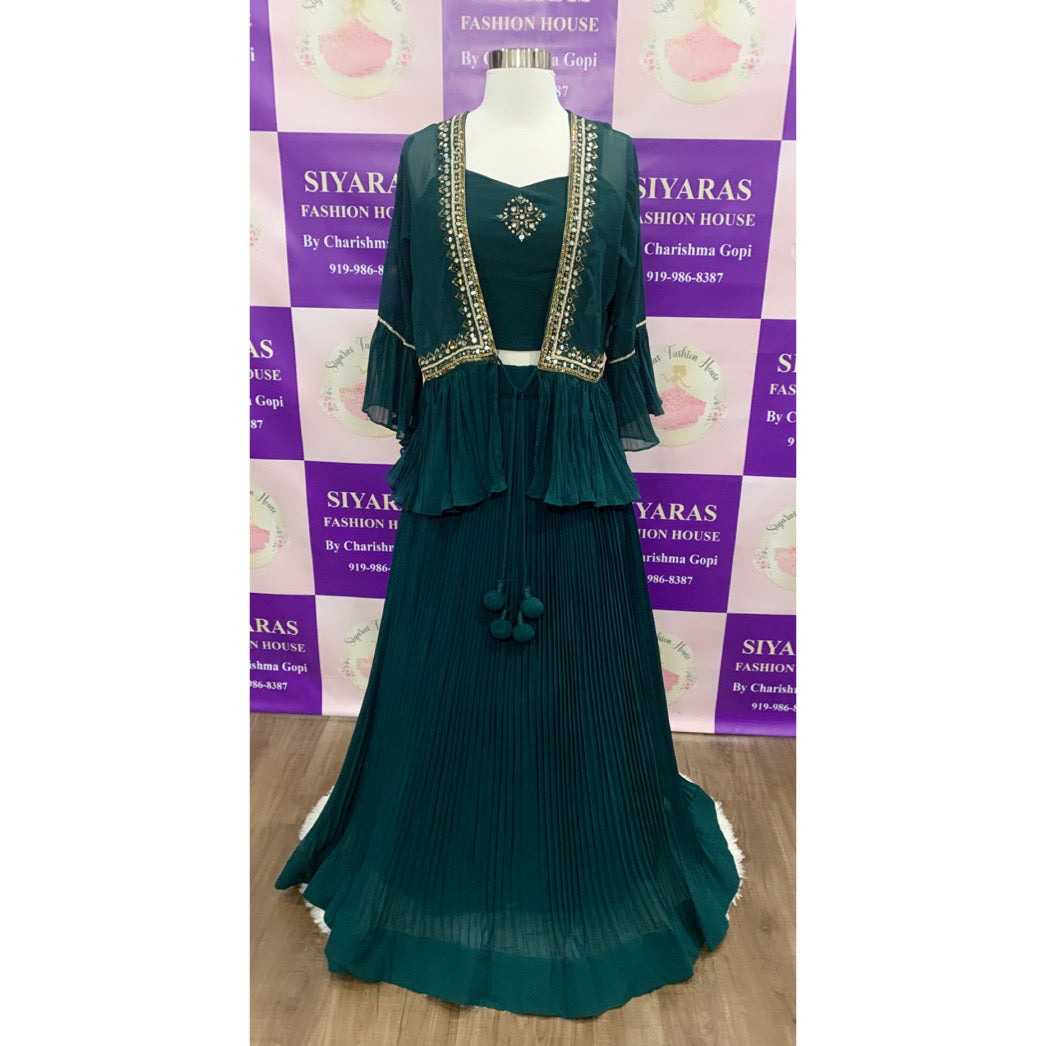 Designer Party Wear/Cocktail Crop Top with Jacket with hand work and  mirror work bell sleeves |Reception Dress| Bollywood Dress