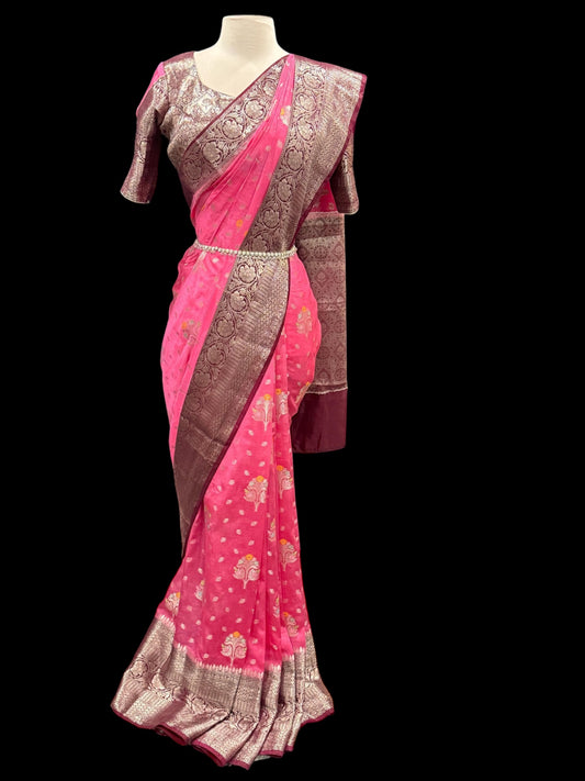 Beautiful Traditional Raw Mango Silk Saree.  Light weight and easy to drape saree. Available in size 38 to 42.