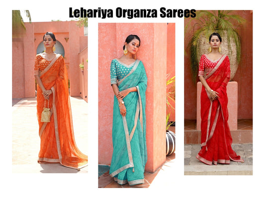 Beautiful Lehariya Organza Sarees with stitched Blouse standard size