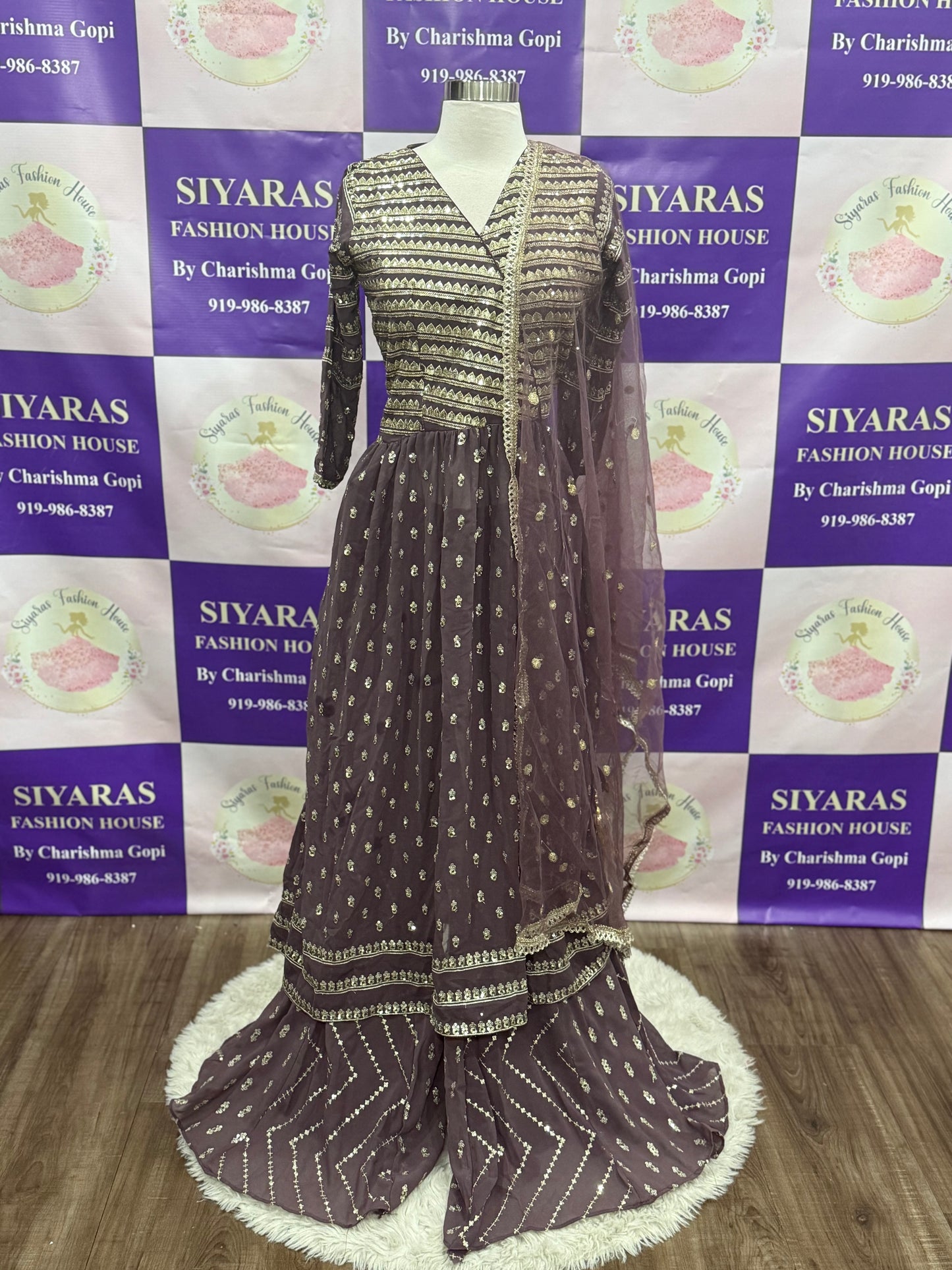 Elegant Mauve  Partywear Sequin Sharara Set | 3-Piece Suit | Palazzo Pants | Size 38 | Length 48 in