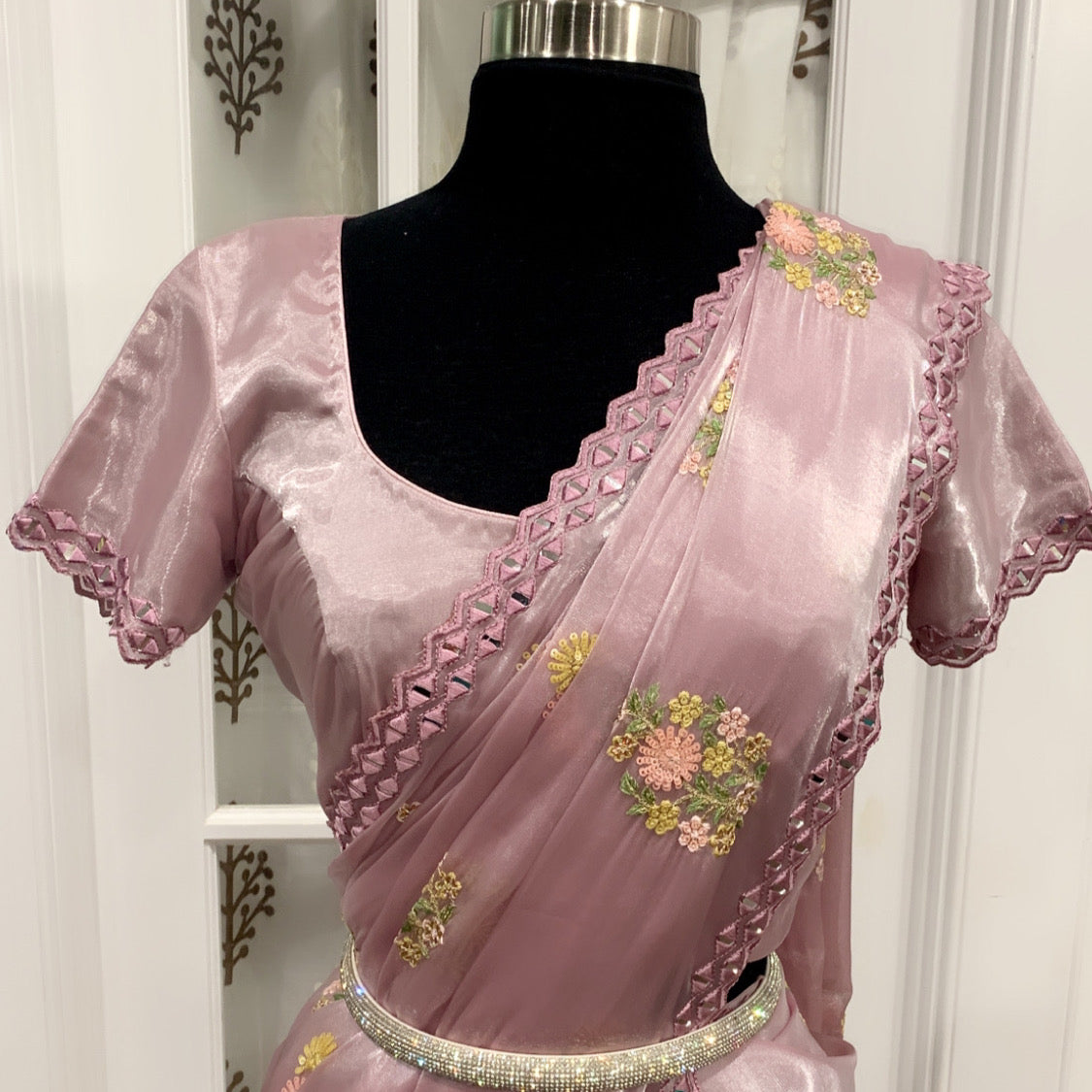 Elegant Premium Organza Saree with Sequins Embroidery and Mirror Work Stitched Blouse size 38 to 42