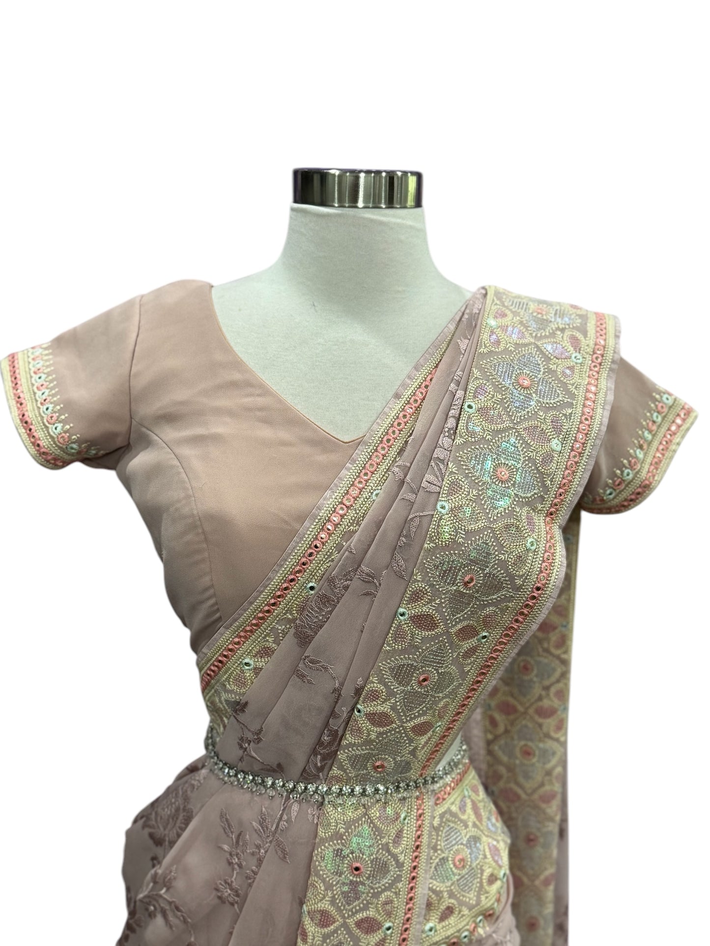 Beautiful Pastel georgette embroidery and sequence saree. Size 36 upto 39