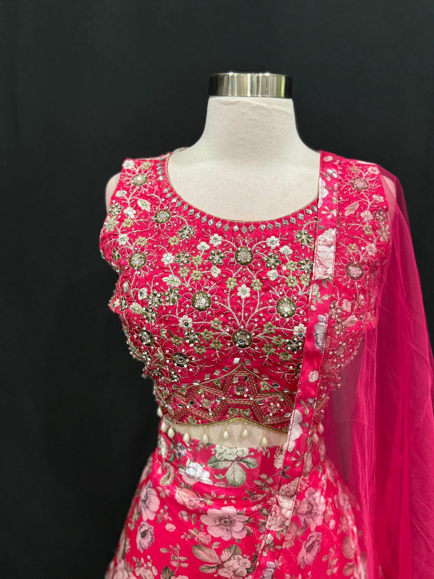 Beautiful  Floral Pink organza Lehanga embroidered mirror work blouse perfect for partywear. Available in size 40 fully stiched ready