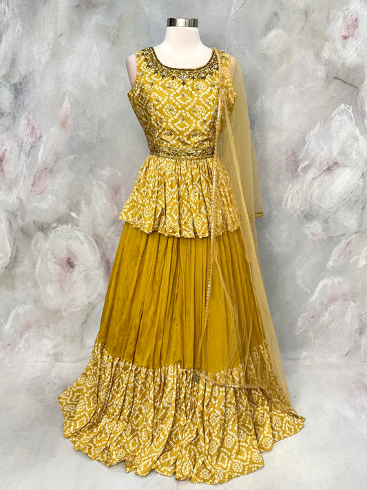 Bandhini Peplum Lehenga Set – Mustard Yellow Chinon | Size 36 | Ready to Ship
