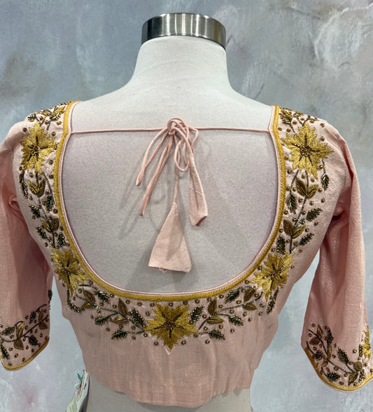Pure Raw Silk Peach Pink Elegant Maggam work blouse hand work blouse for wedding reception and functions
